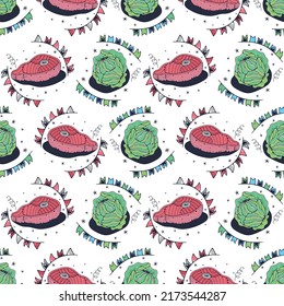 Cabbage and Meat. Seamless pattern on a white background. Cute vector illustration.