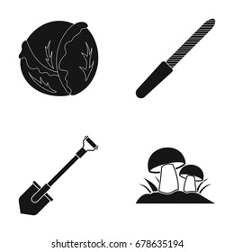 Cabbage, nail file and other web icon in black style. shovel, ceps icons in set collection.