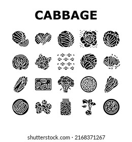 Cabbage Natural Vitamin Food Icons Set Vector. Healthy White And Green Cabbage, Broccoli And Lettuce Ingredient For Cooking Soup And Salad. Cauliflower Vegetable Glyph Pictograms Black Illustrations