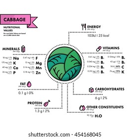 Cabbage - nutritional information. Healthy diet. Simple flat infographics with data on the quantities of vitamins, minerals, energy and more.