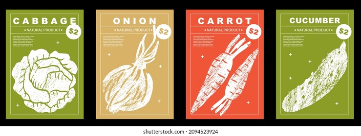 Cabbage, onion, carrot, cucumber. Set of posters of vegetables in a abstract draw design. Label or poster, price tag. Simple, flat design. Patterns and backgrounds. Perfect for poster, cover, banner.