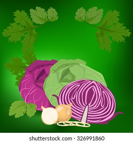 Cabbage and onions. Label, there is a place for your text. Healthy food.