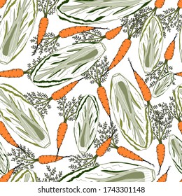 Cabbage and orange carrots on a white background. Healthy vegetables. Vector seamless pattern.