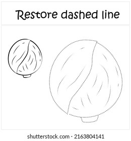 Cabbage. Repair the dotted line. Handwriting practice. Vegetables in contours. Educational game for toddlers and preschoolers. Cartoon style. Isolated vector illustration, eps