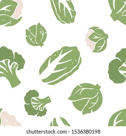 Cabbage seamless pattern. Cabbage, broccoli, chinese cabbage and cauliflower on white background. Vector shabby hand drawn illustration