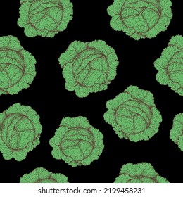 Cabbage seamless pattern. Hand drawn background. Vector illustration. Color illustration. Cabbage vegetable hand drawn backdrop.