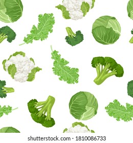 Cabbage seamless pattern. Kale, cauliflower, broccoli, fresh cabbage on white background. Vector illustration of green vegetables. Cartoon flat style. 