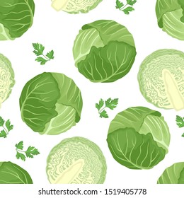 Cabbage seamless pattern on white background. Green cabbage whole and half. Vector illustration of fresh vegetables in cartoon simple flat style.