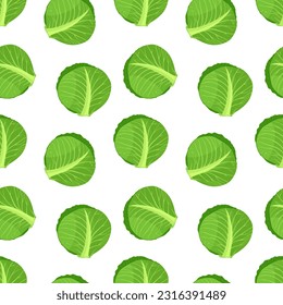 Cabbage seamless pattern on white background. Fresh and healthy Cabbage with bright green leaves. Endless texture with vegetarian food. Flat vector illustration