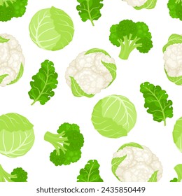 Cabbage seamless pattern. Vegetables background. Broccoli, cauliflower, cabbage and kale leaf. Vector cartoon flat illustration.