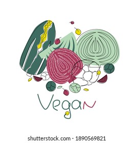 Cabbage set. Flat style. Vegan lettering. Design for banner, poster, postcard and print. Vector illustration.