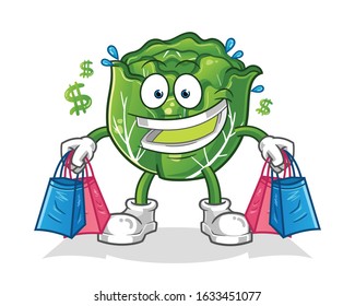 cabbage shopping and holding shopping bags cartoon. cartoon mascot vector