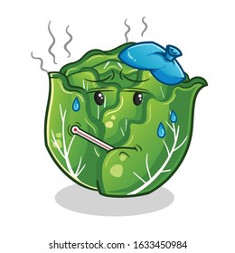 cabbage sick and fever with thermometer and compress cartoon. cute chibi cartoon mascot vector