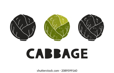 Cabbage, silhouette icons set with lettering. Imitation of stamp, print with scuffs. Simple black shape and color vector illustration. Hand drawn isolated elements on white background