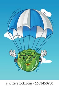 cabbage skydiving cartoon with parachutes and glasses. cartoon mascot vector