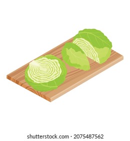 Cabbage slice and cutted cabbage on wooden chopping board isolated on white background, isometric view. Vector