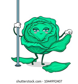Cabbage stripper pole dancer undresses pop art retro vector illustration. Cartoon food character. Isolated image on white background. Comic book style imitation.