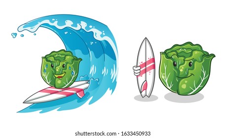 cabbage surfing on the waves cartoon and holding a surfboard. cute chibi cartoon mascot vector