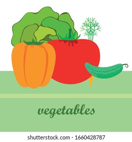 Basura, tomate, zanahoria, pimienta, pepino, verduras frescas. Afiche de comida orgánica. Diseño del mercado agrícola. Fondo vectorial.