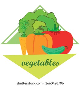 Kohl, Tomate, Karotten, Pfeffer, Gurken, frisches Gemüse. Bio-Lebensmittelplakat. Bauernmarktgestaltung. Vektorillustration, Hintergrund.