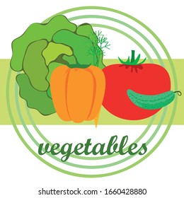 Cabbage, tomato, carrot, pepper, cucumber, fresh vegetables. Organic food poster. Farmer market design. Vector background.