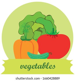 Cabbage, tomato, carrot, pepper, cucumber, fresh vegetables. Organic food poster. Farmer market design. Vector background.
