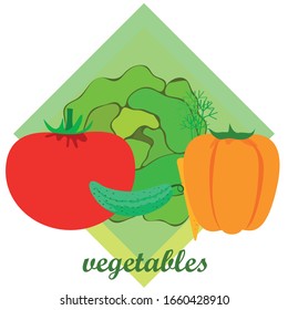 Basura, tomate, zanahoria, pimienta, pepino, verduras frescas. Afiche de comida orgánica. Diseño del mercado agrícola. Fondo vectorial.
