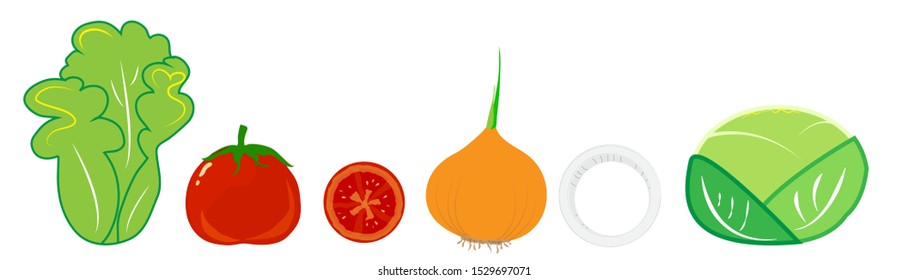 Cabbage tomato onion and lettuce on a white background.