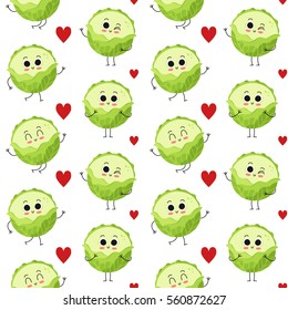 Cabbage, vector seamless pattern with cute vegetable characters isolated on white with hearts