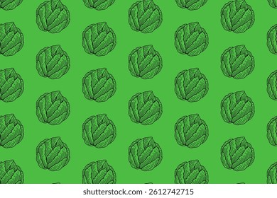 cabbage vegetable doodle seamless pattern on green background. chinese cabbage engraving pattern background. retro fresh cabbage background for farmer, agricultural, groceries, vegan