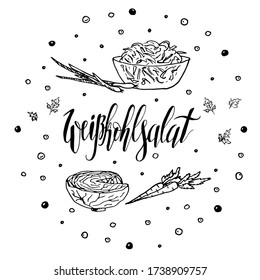 Ensalada de verduras de col en un tazón de vidrio, cabeza de col, zanahoria, cebolla, hierbas. Ilustración vectorial doodle blanco y negro sobre fondo blanco, objetos aislados de corte con letras alemanas