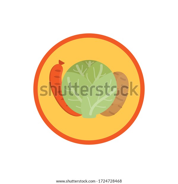キャベツ野菜スープのベクターイラストアイコン 根菜スープ ジャガイモのストック かわいい丸いラベルのソーセージ 分離型 のベクター画像素材 ロイヤリティフリー