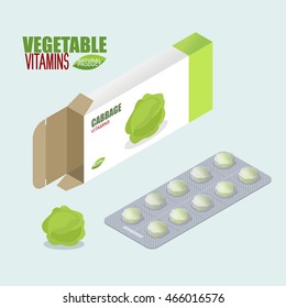 Cabbage vitamins. Vegetarian pills. Diet pills in pack. Natural products for health in form of green cabbages. Drug vegetable. Medical medicament