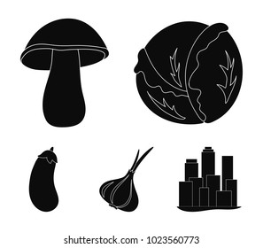 Cabbage white, mushroom forest, garlic useful, eggplant. Vegetables set collection icons in black style vector symbol stock illustration web.