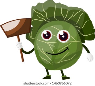 Cabbage with a wooden shovel, illustration, vector on white background.