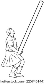 Caber toss. Scottish strongman athlete vector icon. Scotland man in kilt tossing the caber at highland games. Line art illustration