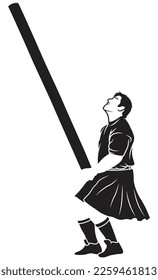 Caber toss. Scottish strongman athlete vector icon. Scotland man in kilt tossing the caber at highland games. Line art illustration