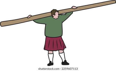 Caber toss. Scottish strongman athlete vector icon. Scotland man in kilt tossing the caber at highland games. Line art illustration. Colorful. Colors.