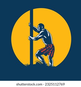 Caber toss. Scottish strongman athlete vector logo icon. Scotland man in kilt tossing the caber at highland games. Competition sign, event poster. eye-catching colors