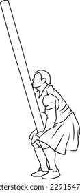 Caber toss vector icon. Scottish strongman athlete. Scotland man in kilt tossing the caber at highland games. Line art illustration. Logo idea.