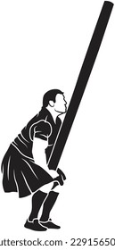 Caber toss vector icon. Scottish strongman athlete. Scotland man in kilt tossing the caber at highland games. Line art illustration. Logo idea. Black silhouette with white line.