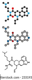 Cabergoline drug molecule. Used in Parkinson's disease and other disease conditions. Conventional skeletal formula and stylized representations.