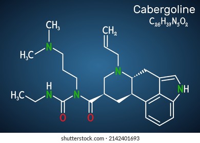 Cabergoline Molecule. It Is Drug, Ergot Derivative, Dopamine Receptor, Prolactin Inhibitor. Structural Chemical Formula On The Dark Blue Background. Vector Illustration