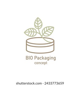 Cabilock Round Wooden Box with green leaf icon. Biodegradable, compostable. Eco friendly material production. Nature protection concept. Vector Illustration, editable strokes. Vector illustration