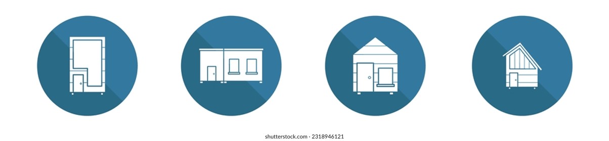 Kabinenzimmer Modernes Symbol-Set, kleines Wohnkonzept, kleine Haussymbole, Hüttenembleme, flache Symbole einzeln auf weißem Hintergrund