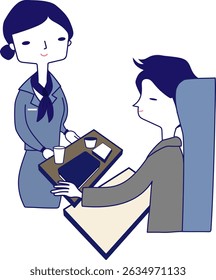 A cabin attendant serves a meal to a customer. 