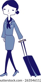 A cabin attendant is walking with her baggage. 