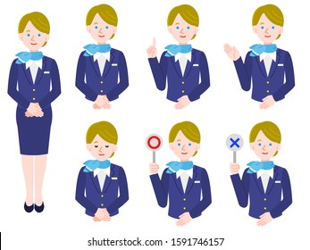 
Cabin attendant white uniform female simple illustration set