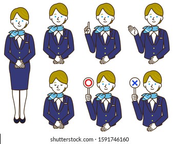 
Cabin attendant white uniform female simple illustration set