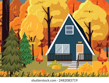 Cabin in the Autumn Forest, Vacation in the countryside, Illustration of a Forest Cabin, Forest Cabin 